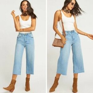 Show Me Your Mumu Jeans XS Wide Leg Crop Cutoff High Rise Indigo Light Wash Fray